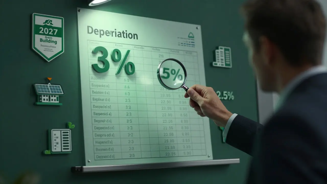 Steuerprüfer analysiert Abschreibungstabellen mit Gebäuden und Green-Building-Symbolen
