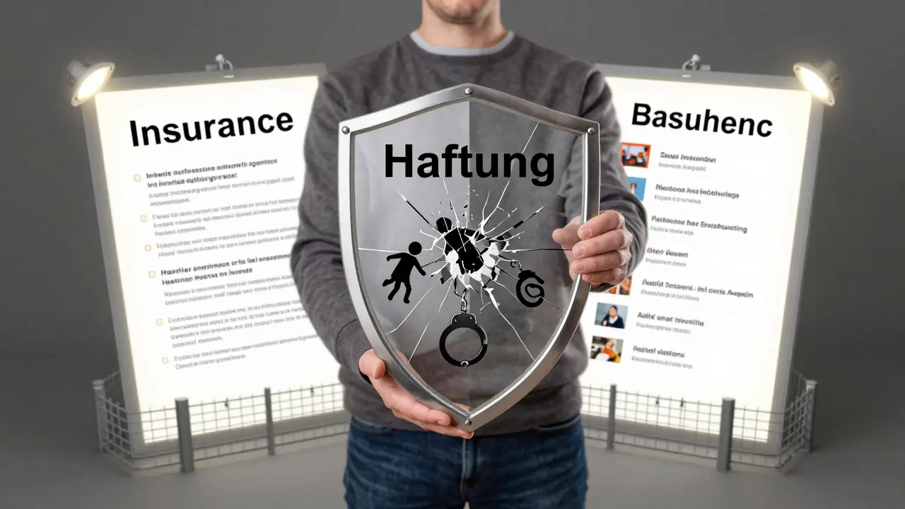 Symbolisches Bild: Bauherr hält zerbrechliches Schild mit Haftung, umgeben von Risiken und Schutzmaßnahmen.