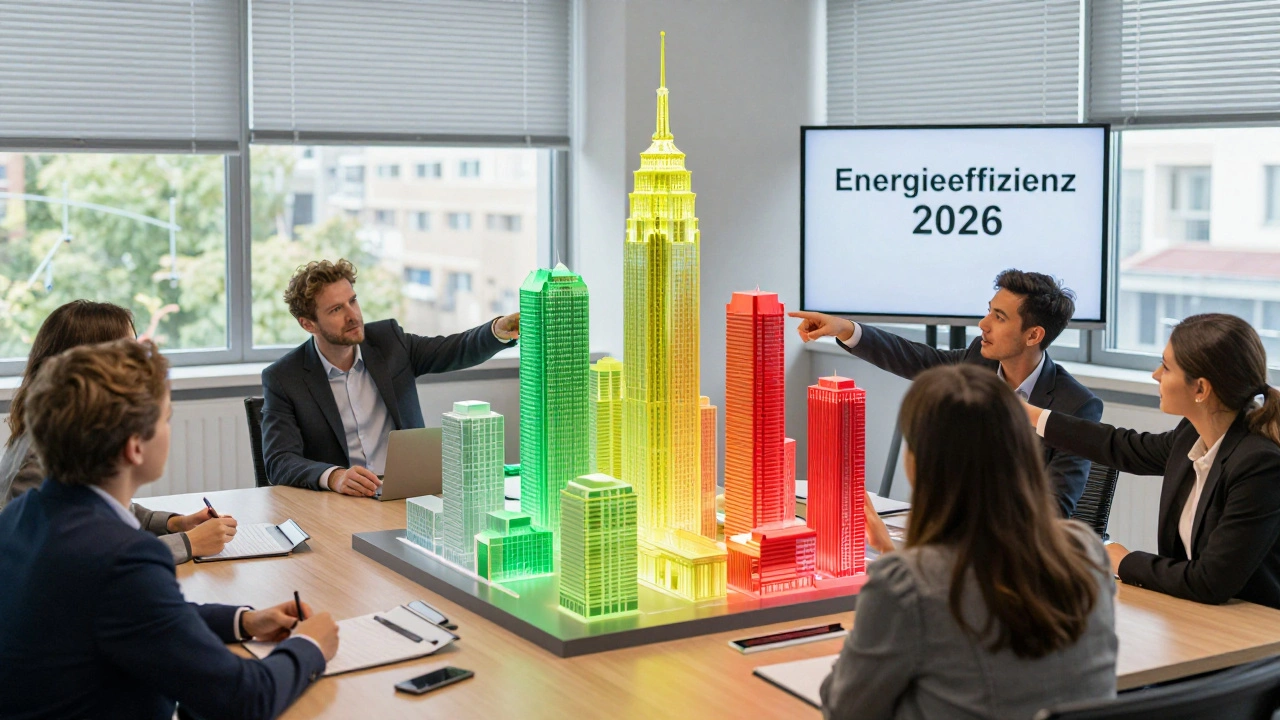 Team analyzing a 3D city model where buildings change color based on portfolio stress test results.