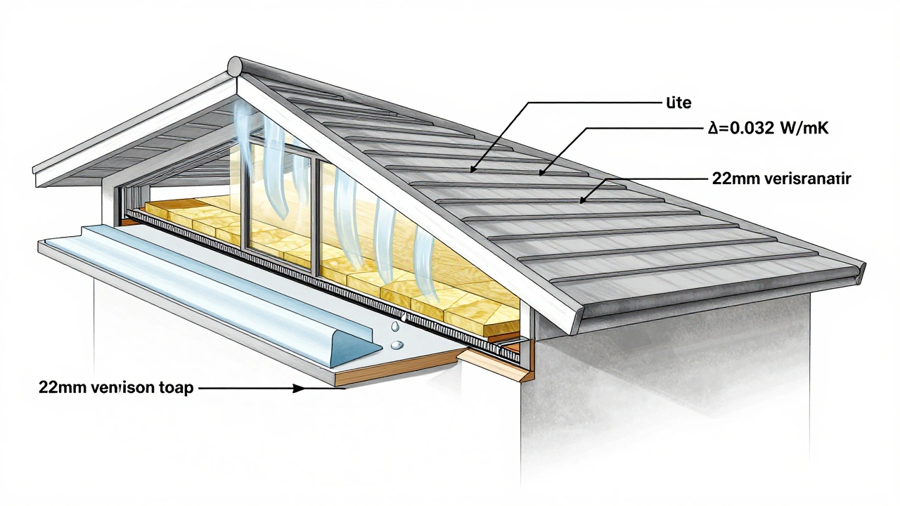 Technische Querschnittsdarstellung eines Daches mit Dämmung, Dampfbremse und Lüftungsschicht, Luftströmungspfeile und Kondensationspunkt markiert.