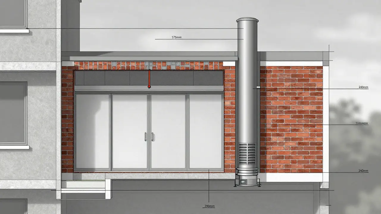 Technische Querschnittsdarstellung von feuerfesten Wänden, Fluchtweg und Rauchableitung in einem Mehrfamilienhaus.