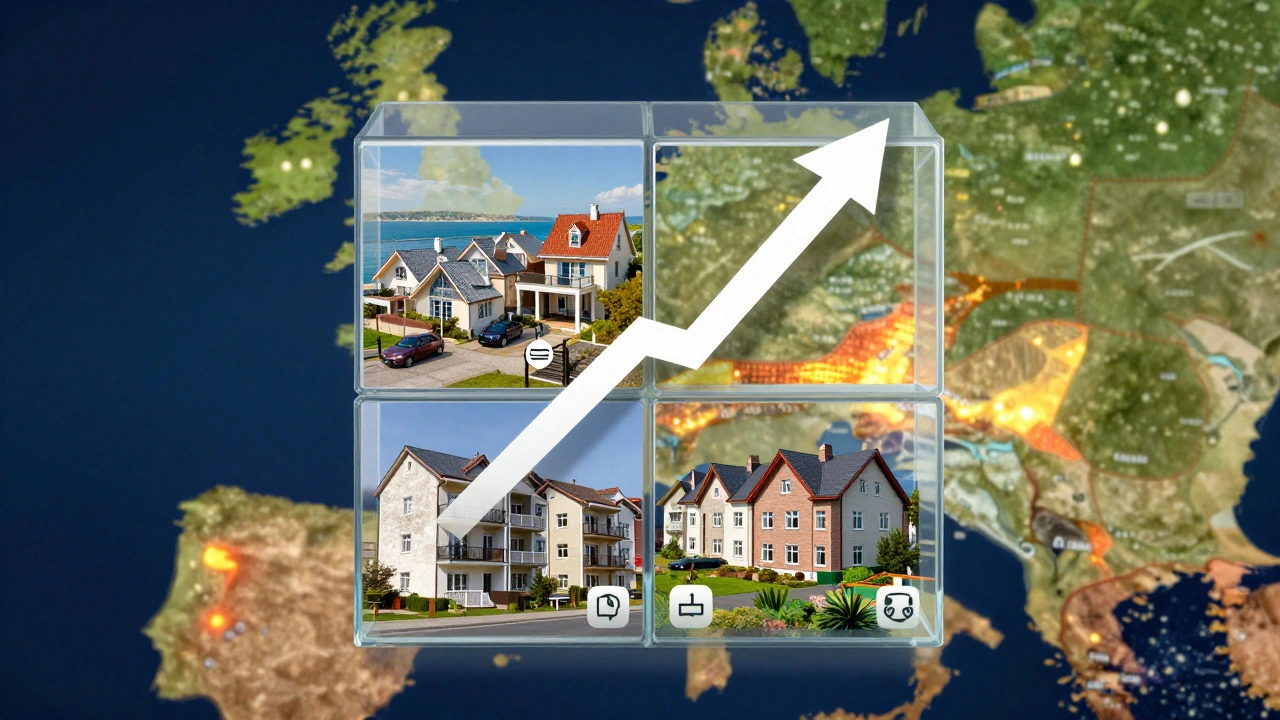 Transparente Grafik mit vier Immobilientypen und Preisentwicklung auf Deutschland-Karte.