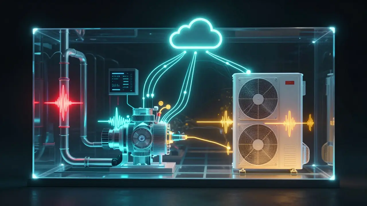 Transparenzansicht eines Gebäudes mit verborgenen Sensoren, die Lecks, Vibrationen und Überhitzung visualisieren.