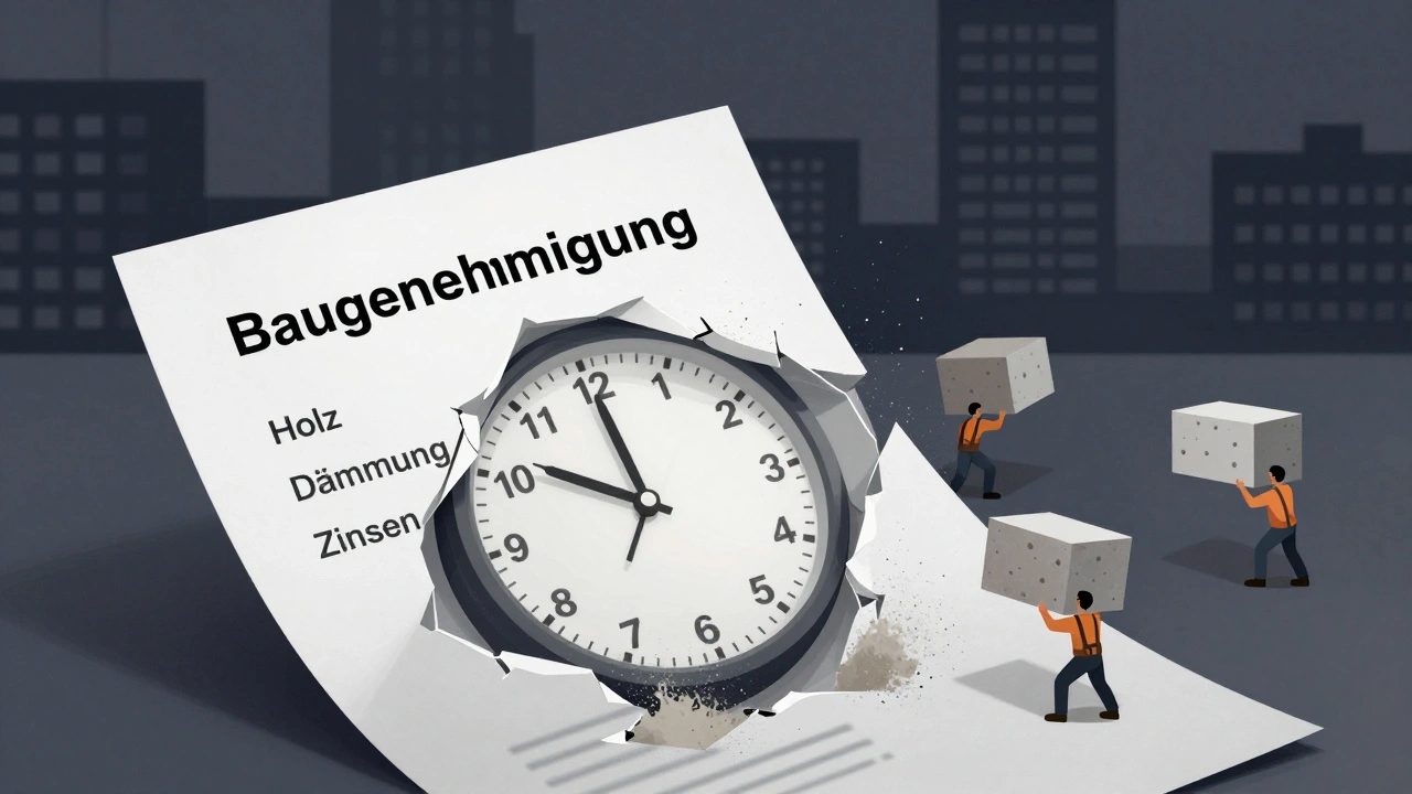 Verfallende Baugenehmigung als zerfallendes Papier, umgeben von Symbolen für Baumaterialien und Zeitdruck.