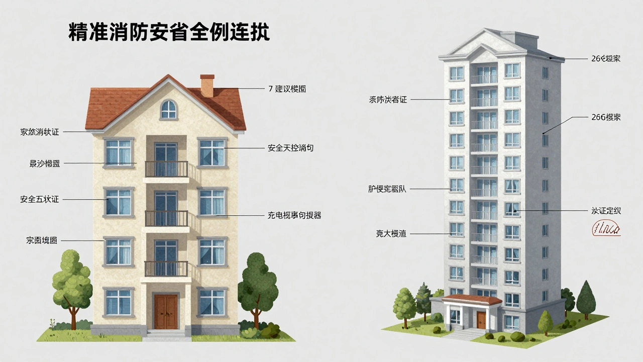 Vergleich eines einfachen Einfamilienhauses mit einem komplexen Mehrfamilienhaus hinsichtlich Brandschutzanforderungen.