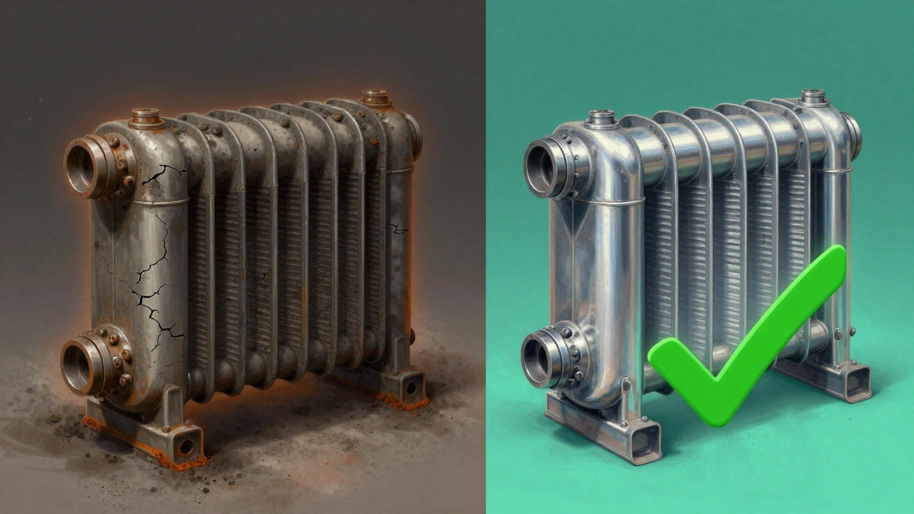 Vergleich eines verschmutzten und eines gereinigten Wärmetauschers.