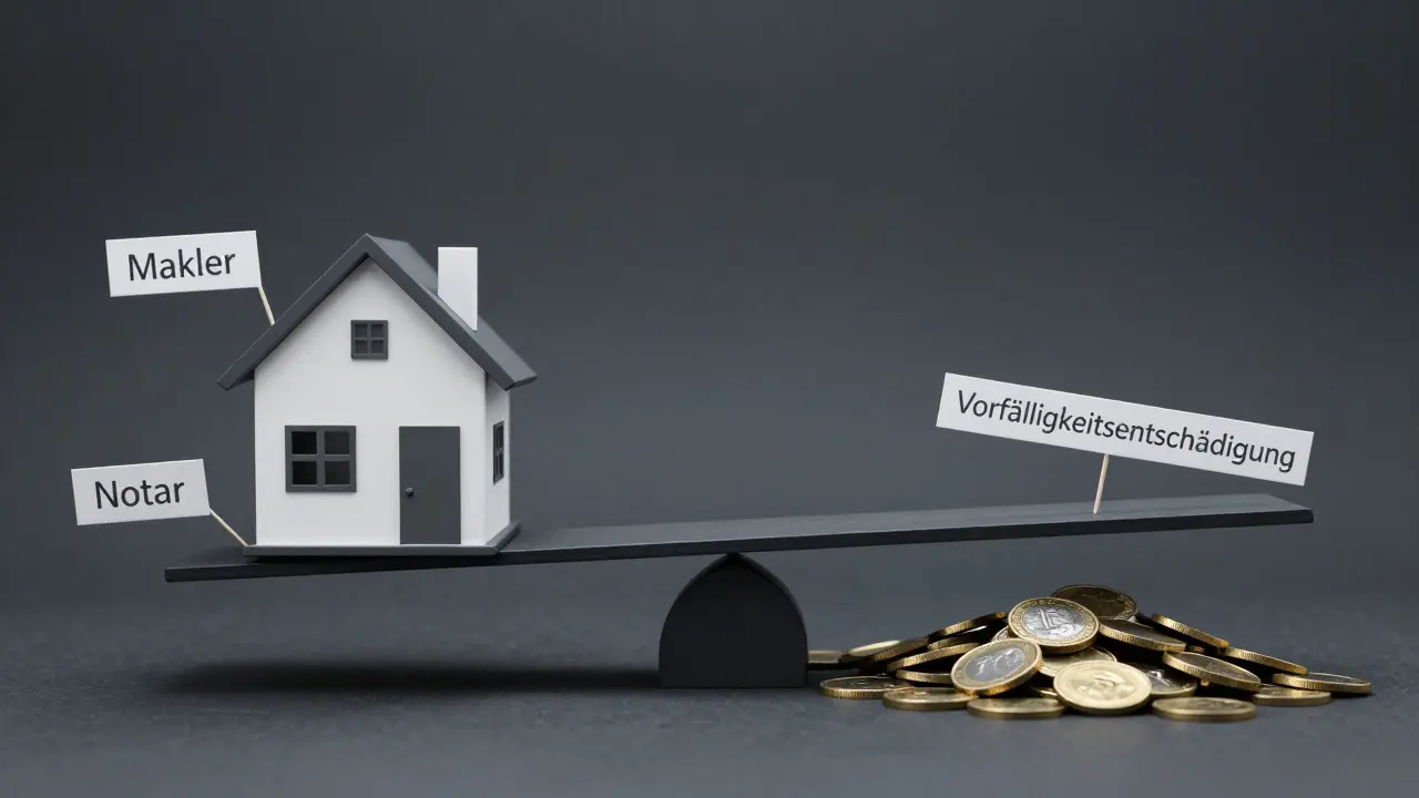 Waage mit Haus und verstreuten Geldbeträgen, Verkaufsnebenkosten überwiegen den Nettoerlös.