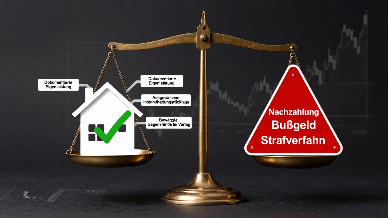 Waage zeigt legale Steuersparmodelle gegen Risiken wie Nachzahlungen und Strafverfahren bei Grunderwerbsteuer.