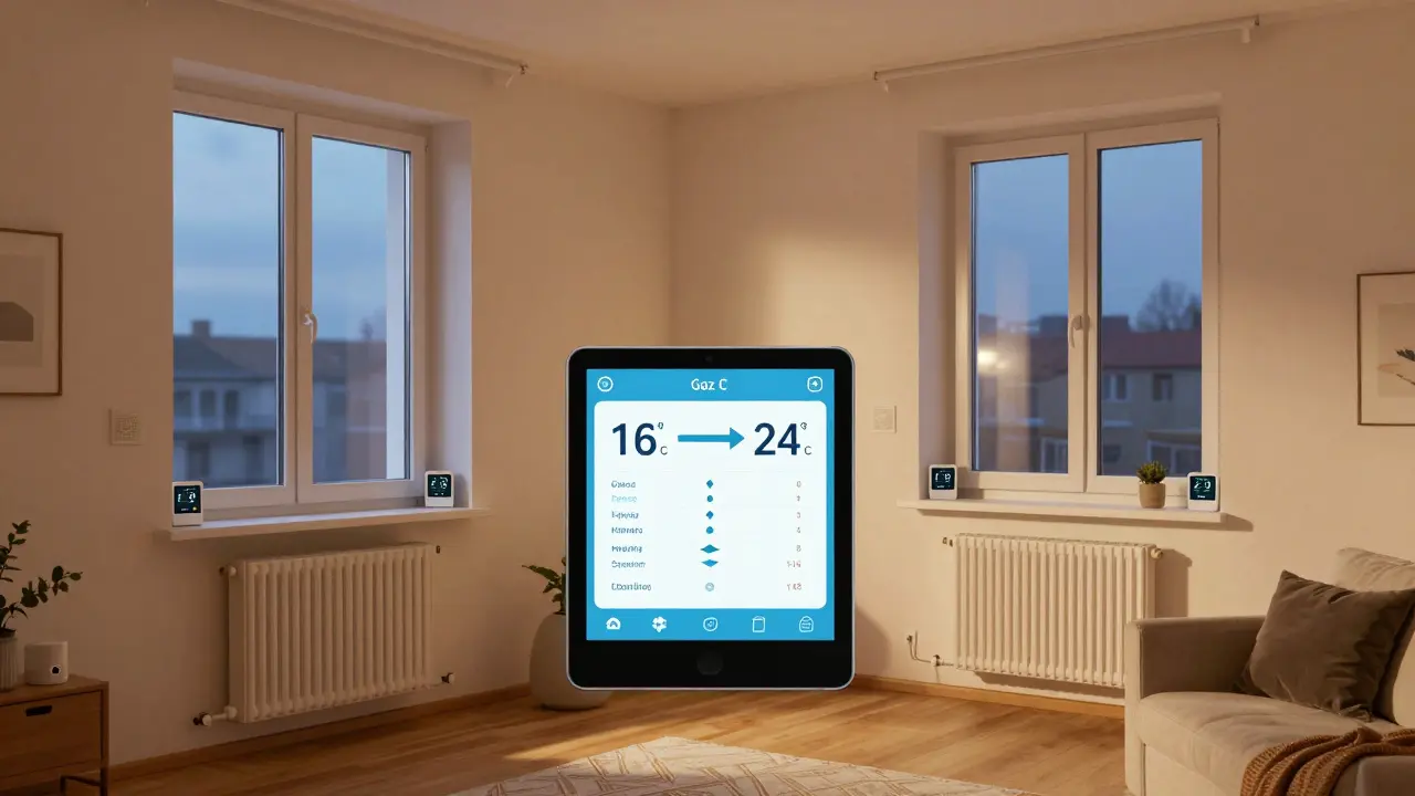 Wohnung mit IoT-Sensoren, die ungleichmäßige Raumtemperaturen anzeigen und eine optimierte Heizplanung vorschlagen.