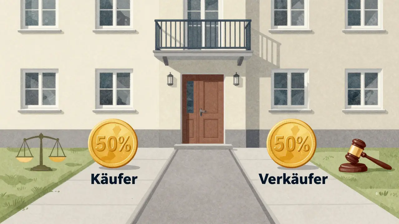 Apartmentgebäude mit zwei Wegen, jeweils mit 50% Provisionssymbolen, symbolisiert die faire Kostenaufteilung nach deutschem Recht.