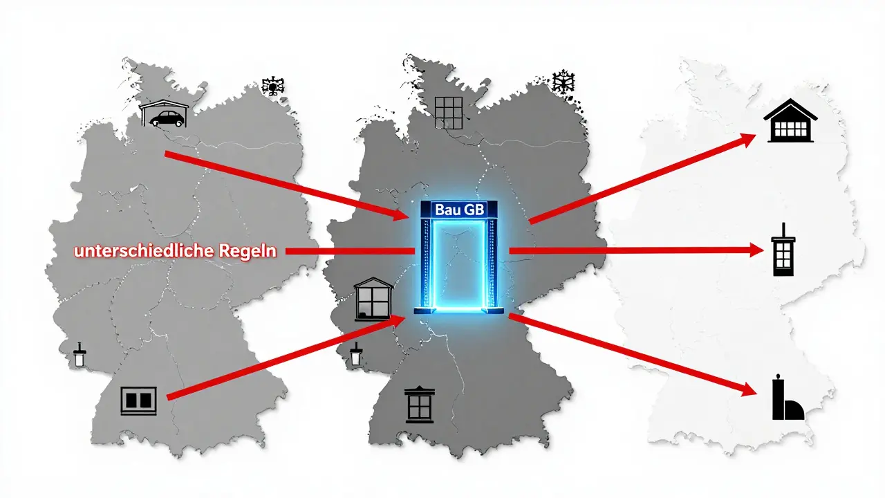Deutschlandkarte mit unterschiedlichen Bauregeln und digitalem Antragsportal im Zentrum.