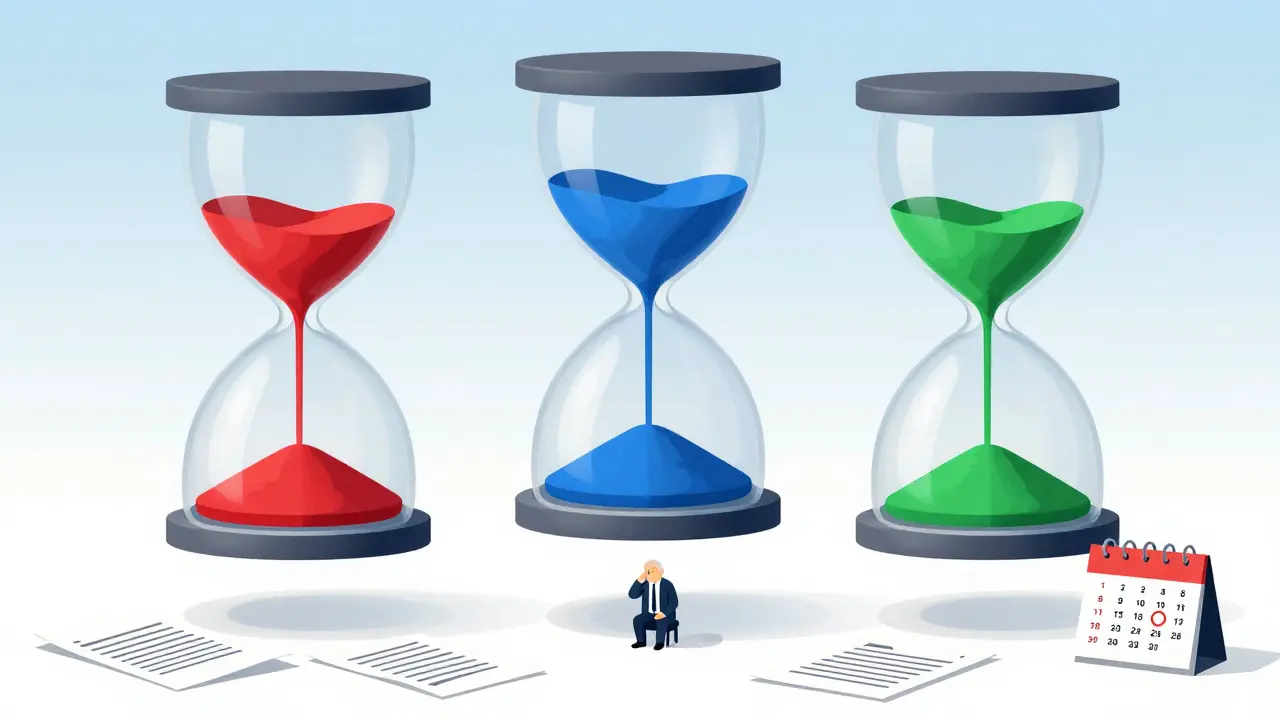 Drei Sanduhren mit unterschiedlichen Farben symbolisieren die drei 10-Jahres-Fristen bei Immobilienschenkungen.