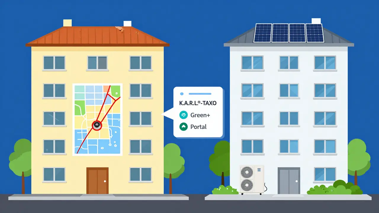 Ein Gebäude, das sich in veraltete und klimaresistente Versionen teilt, mit digitalen Analysetools im Hintergrund.