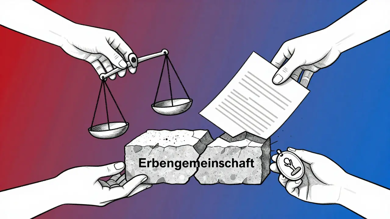 Ein gebrochener Stein wird von drei Händen wieder zusammengefügt — mit Waage, Vertrag und Mediator-Abzeichen.