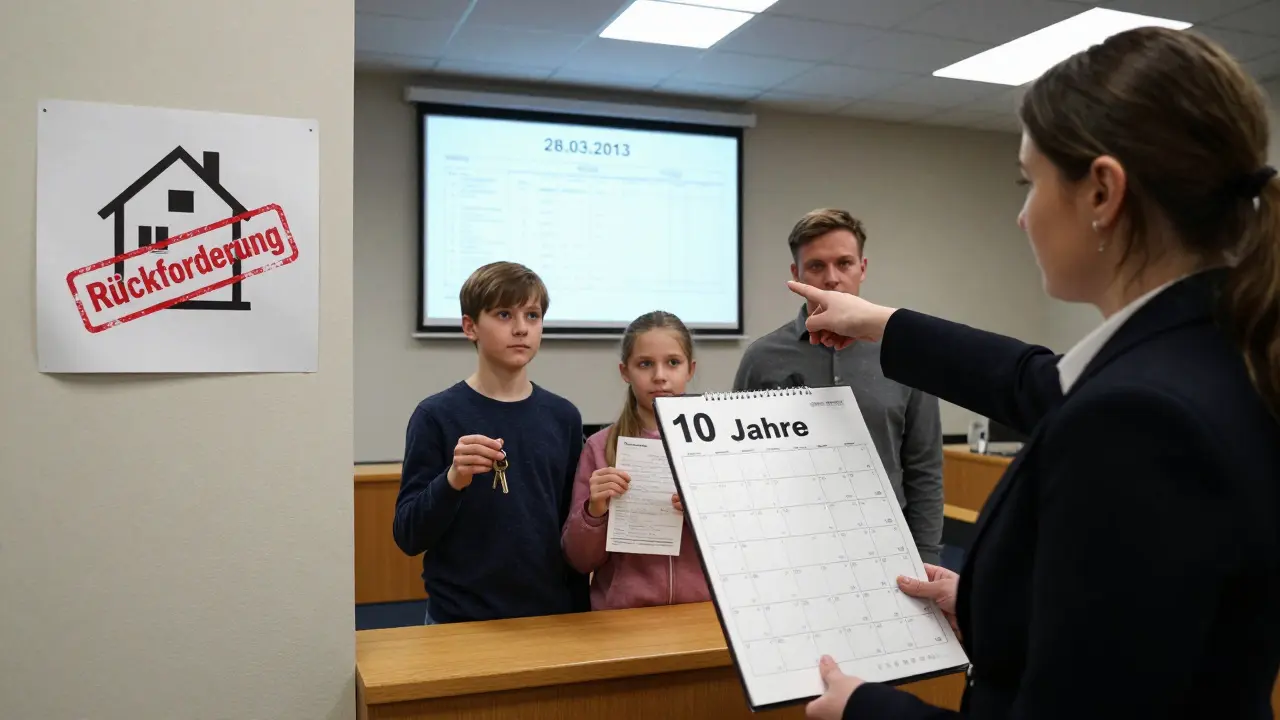 Ein Richter in einem deutschen Gerichtssaal zeigt auf einen Kalender mit '10 Jahre' und eine zurückgeforderte Immobilie.