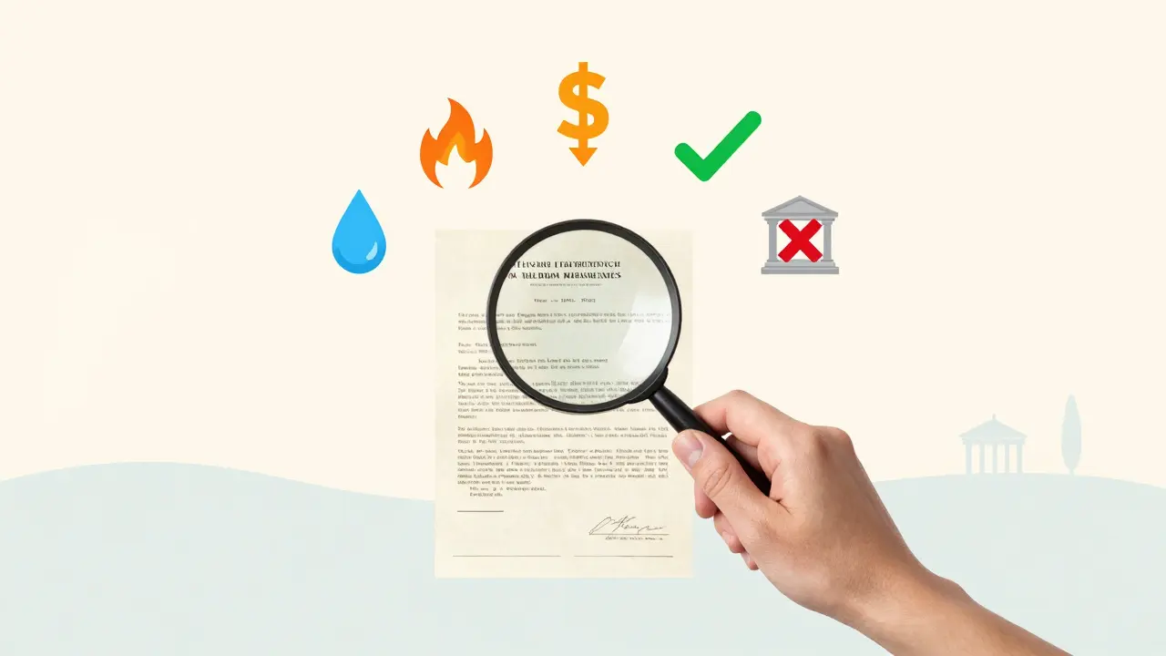 Eine Hand mit Lupe über einem Immobilienpapier, umgeben von Symbolen für Klimarisiken und Lösungen.