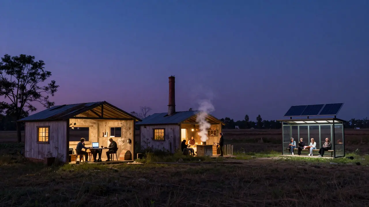 Eine ländliche Landschaft mit umgenutzten, leeren Gebäuden, die als Co-Working-Space, Werkstatt und Bushaltestelle neu belebt werden.