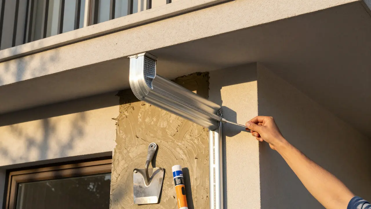 Fachmann montiert eine Tropfkante mit Gewebe in den Mörtel, Werkzeuge und Balkonüberstand im Hintergrund.