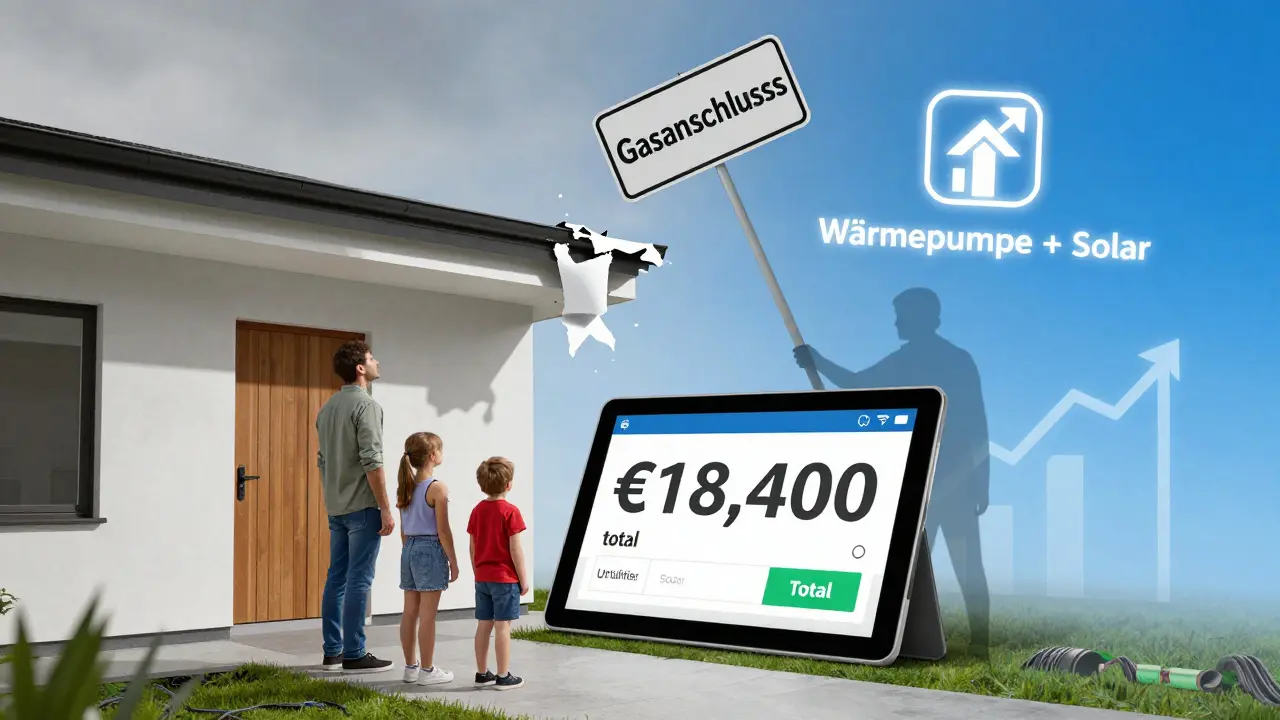 Familie betrachtet eine Kostenaufstellung für Hausanschlüsse, während Gasanschluss durch Wärmepumpe und Solar ersetzt wird.