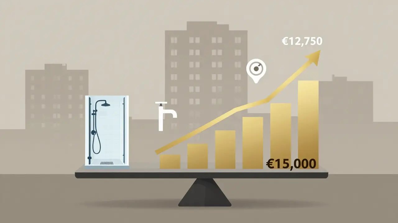 Finanzielle Waage, die Sanierungskosten gegen Wertsteigerung eines Badezimmers abwägt, mit Symbolen für Dusche, Fußbodenheizung und Armatur.