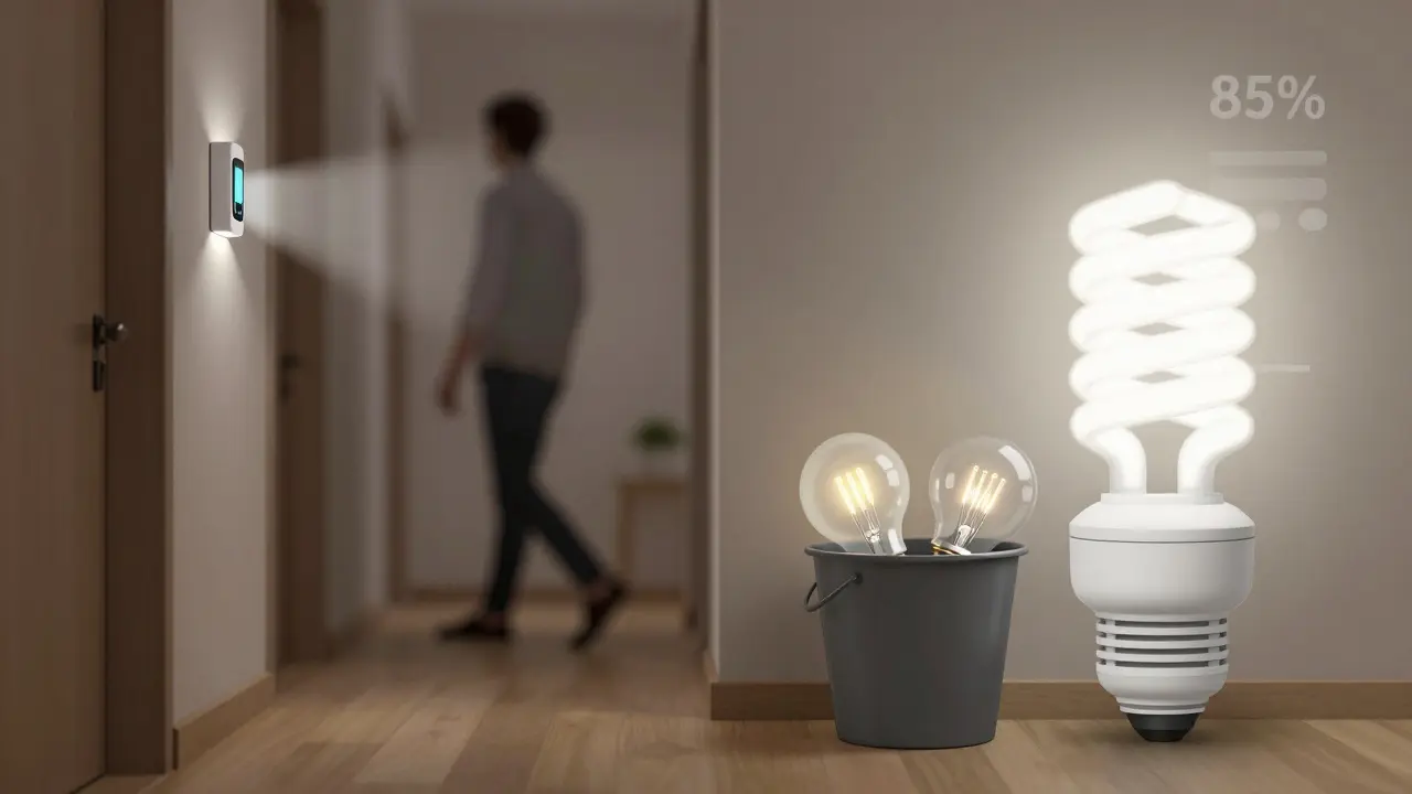 Flur mit Bewegungsmelder, der eine LED-Lampe einschaltet, neben alten Glühbirnen im Müll.