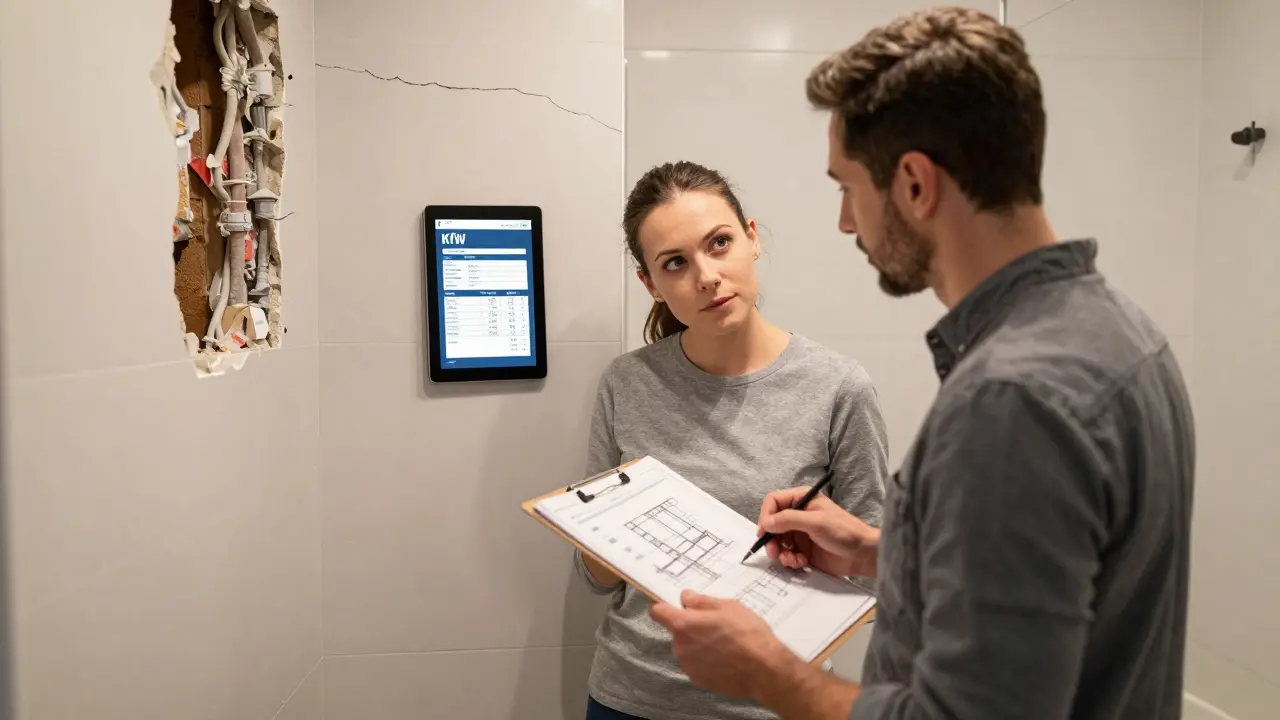 Hausbesitzer und Sanierungsberater besprechen Pläne in einem teilweise renovierten Badezimmer mit freiliegenden Rohren und neuen Fliesen.