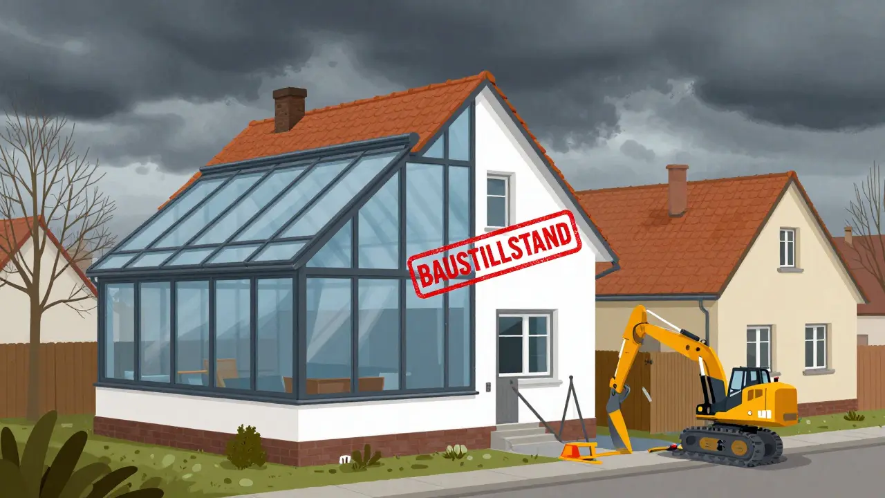Illegaler Wintergarten mit Baustillstand-Schild und Abrissarbeiten, daneben normales Haus.