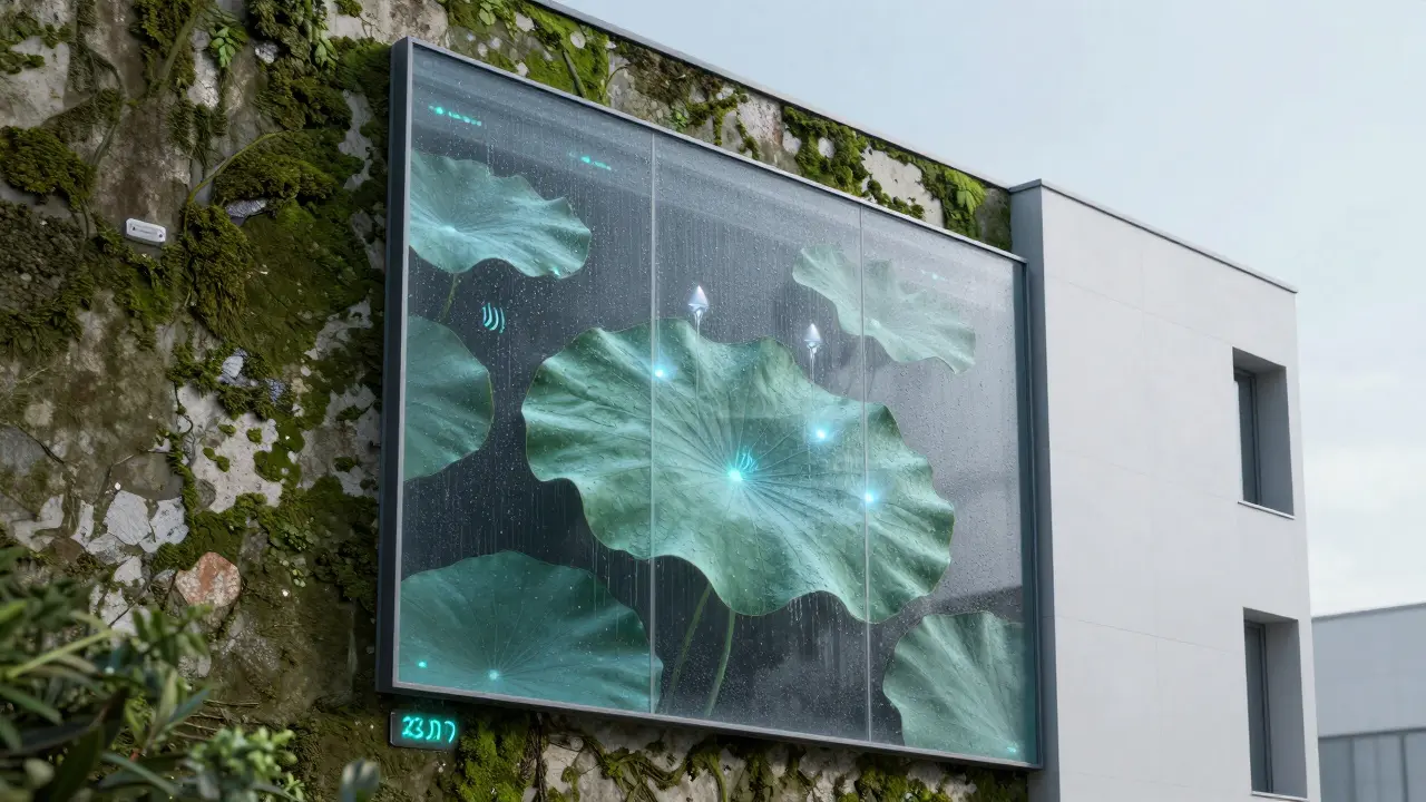 Intelligente Fassade mit Sensoren und wasserabweisender Nanobeschichtung im Vergleich zu altem Befall.