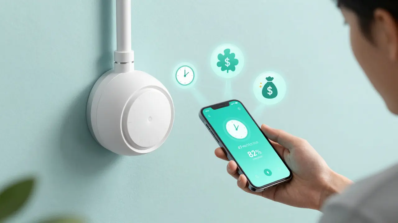 Intelligenter Wassersensor schließt automatisch die Leitung, Smartphone zeigt Benachrichtigung mit Schadensreduktion.