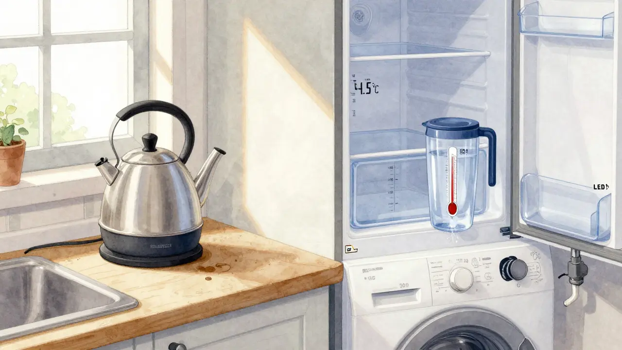 Küchencounter mit Sparduschkopf, Wasserkocher und Waschmaschine auf 30°C, Kühlschrankthermometer zeigt optimale Temperatur.