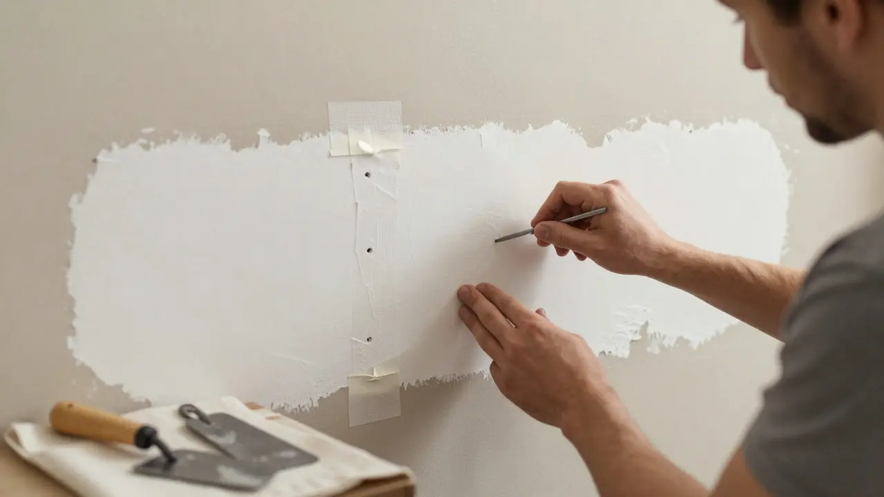 Mensch spachtelt eine Gipskartonfuge in drei Schichten mit Werkzeugen.