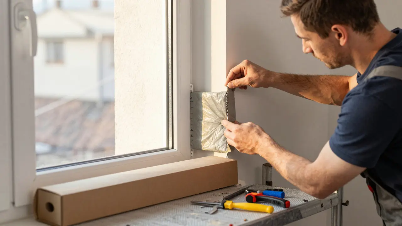 Nachträgliche Dämmung als verjüngender Kragen um ein Fenster mit vorgehängtem Rollladenkasten.
