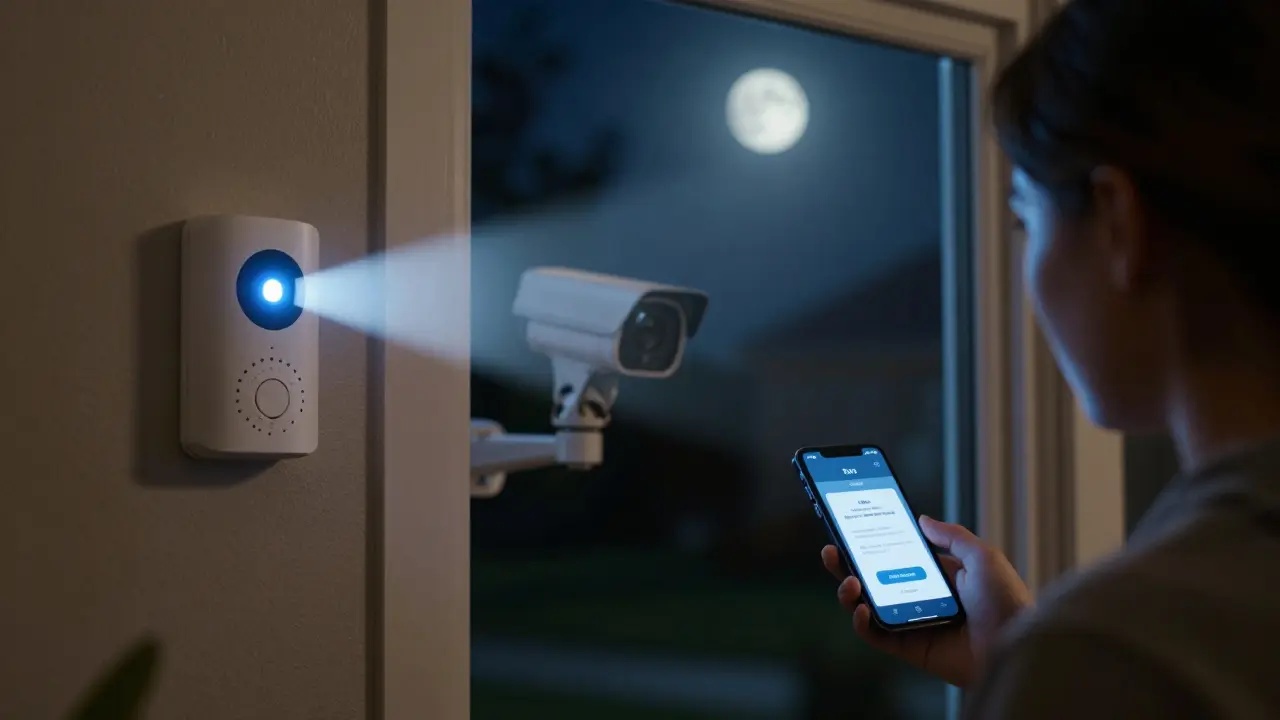 Nachtsicherheitssystem aktiviert sich bei Einbruchversuch: Lichter, Kameras und Alarm reagieren automatisch.