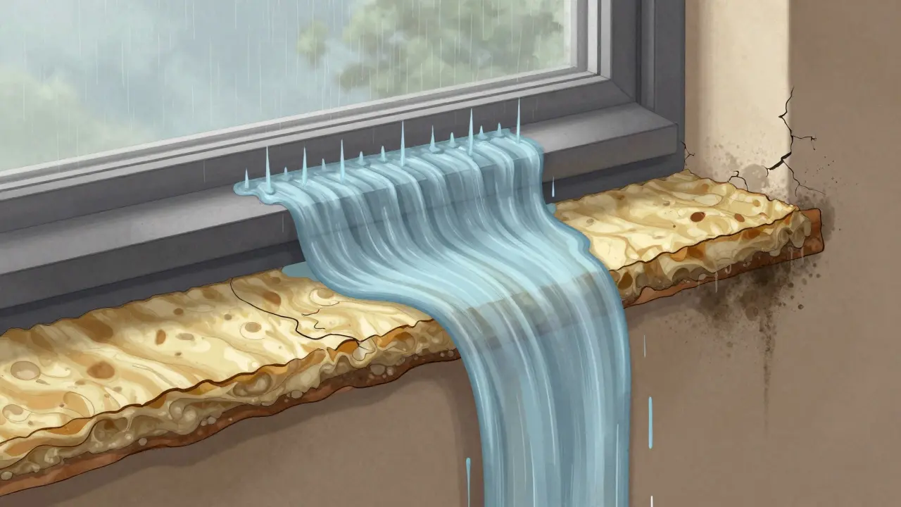 Querschnitt einer Fassade: Wasser wird durch Tropfkante abgeleitet, ohne Tropfkante entsteht Schimmel und Putzbruch.