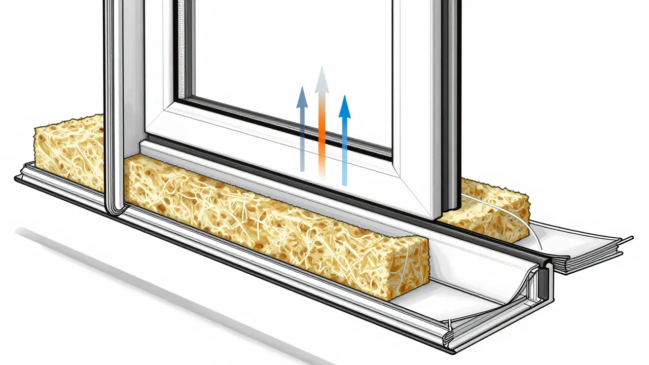 Querschnitt eines fachgerechten Fensteranschlags mit drei Abdichtungsebenen: Dichtband, Dämmung und Luftdichtfolie.