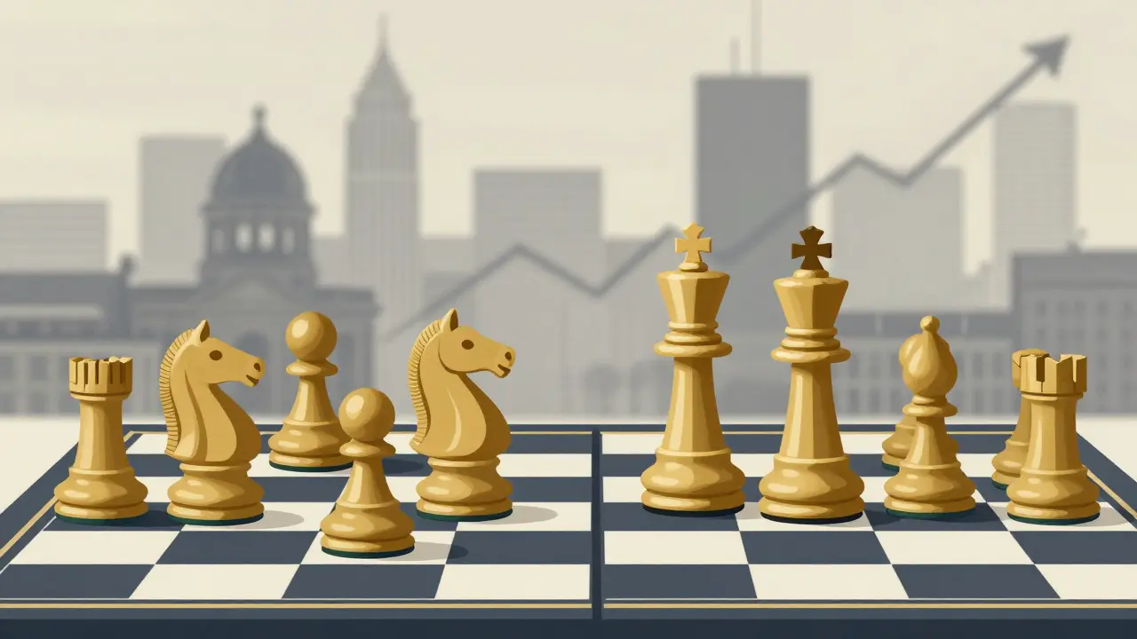Schachbrett mit Verhandlungstaktiken als Figuren, Hintergrund Berliner Stadtlandschaft mit Preisentwicklung.