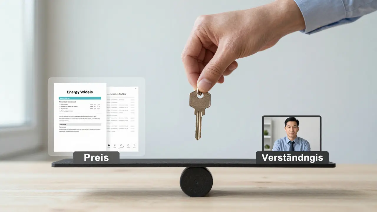 Schlüssel auf einer Waage zwischen Preis und Verständnis, mit Dokumenten und Videoanruf-Overlay.