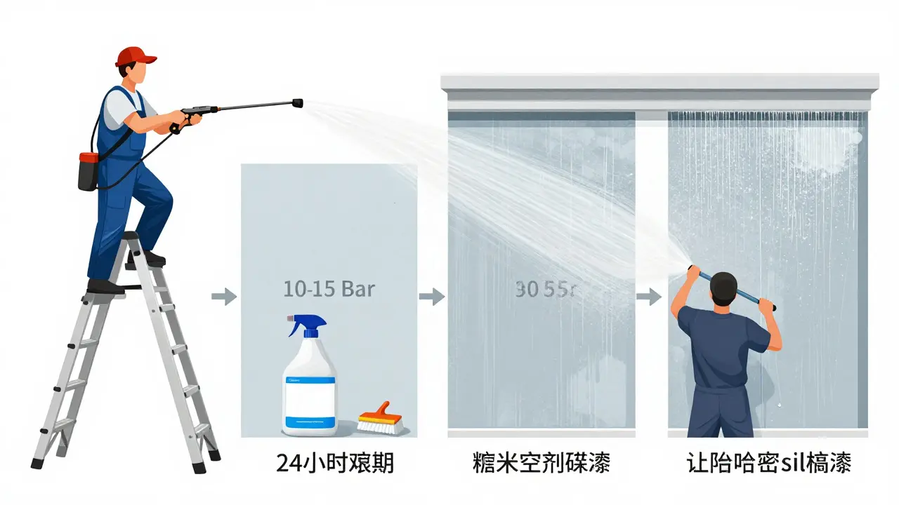 Schrittweise Reinigung einer Fassade: sanftes Sprühen, Trocknen, Auftragen von Mittel und Anstrich.