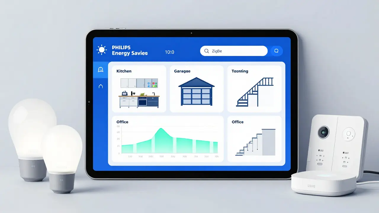 Smart-Home-Dashboard zeigt Energieeinsparungen durch zonale Beleuchtungssteuerung.