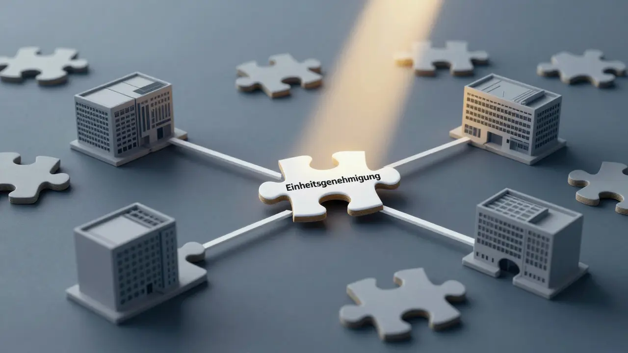 Symbolische Darstellung verbundener Behörden als Puzzlestücke, das fehlende 'Einheitsgenehmigung'-Teil ist eingepasst.