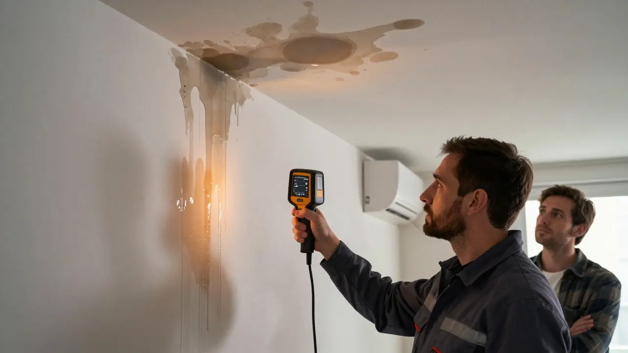 Techniker untersucht mit Wärmebildkamera verborgene Wasserschäden an einer Wand in einer deutschen Wohnung.