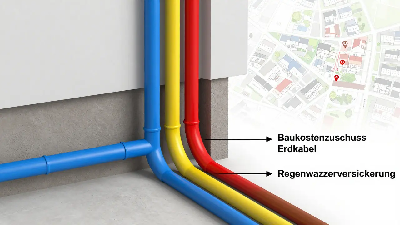 Technische Zeichnung einer Hausanschluss-Querschnittsansicht mit farbigen Leitungen und Kostenkomponenten für Versorgungsnetze.