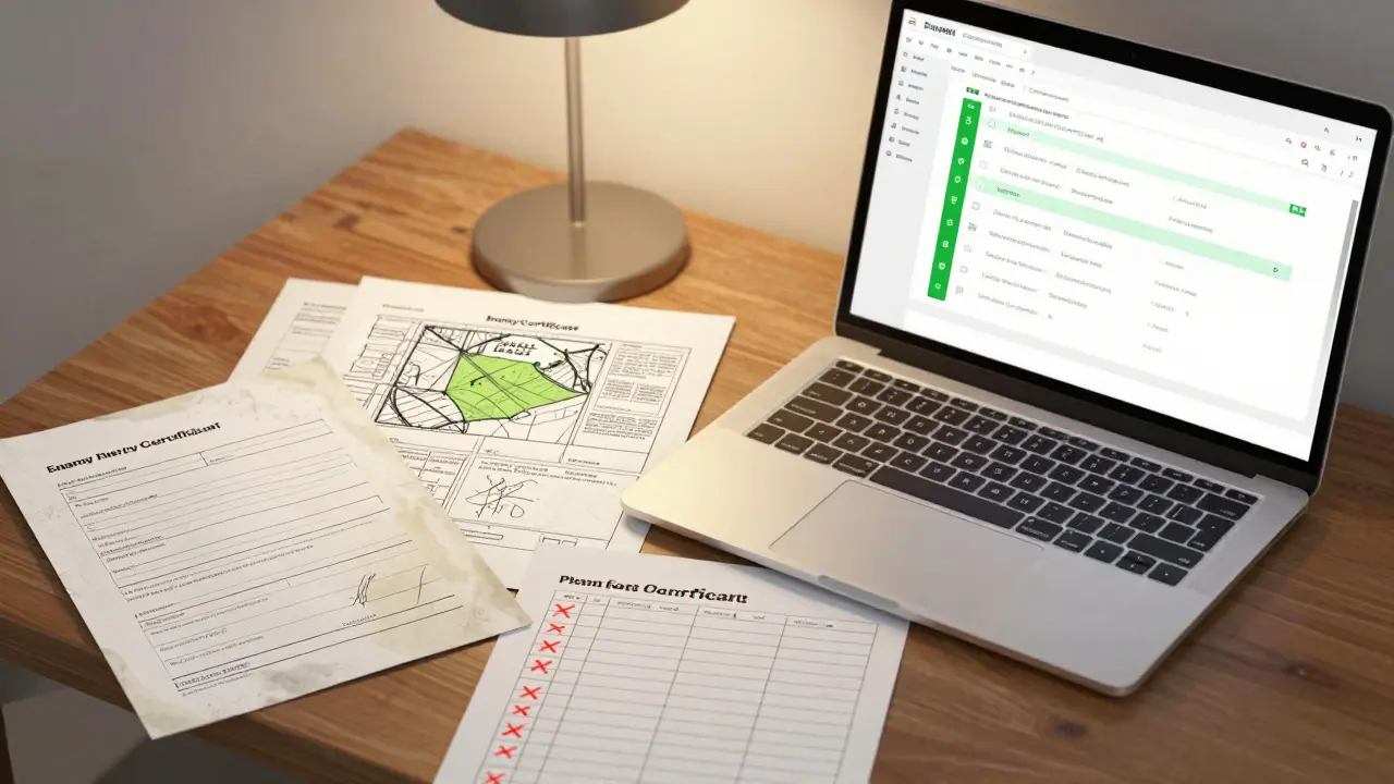 Unordentlicher Schreibtisch mit fehlenden Unterlagen neben einer digitalen, vollständigen Baugenehmigungsdatei.