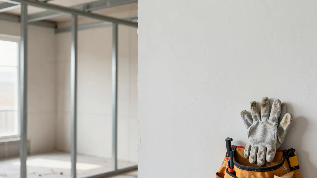 Vergleich einer rohen und fertigen Trockenbauwand mit Werkzeugen daneben.