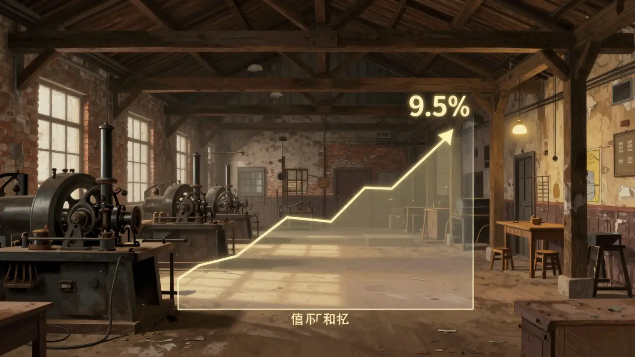 Vergleich eines alten Fabrikgebäudes vor und nach der Sanierung mit einem Diagramm der steuerlichen Abschreibung.