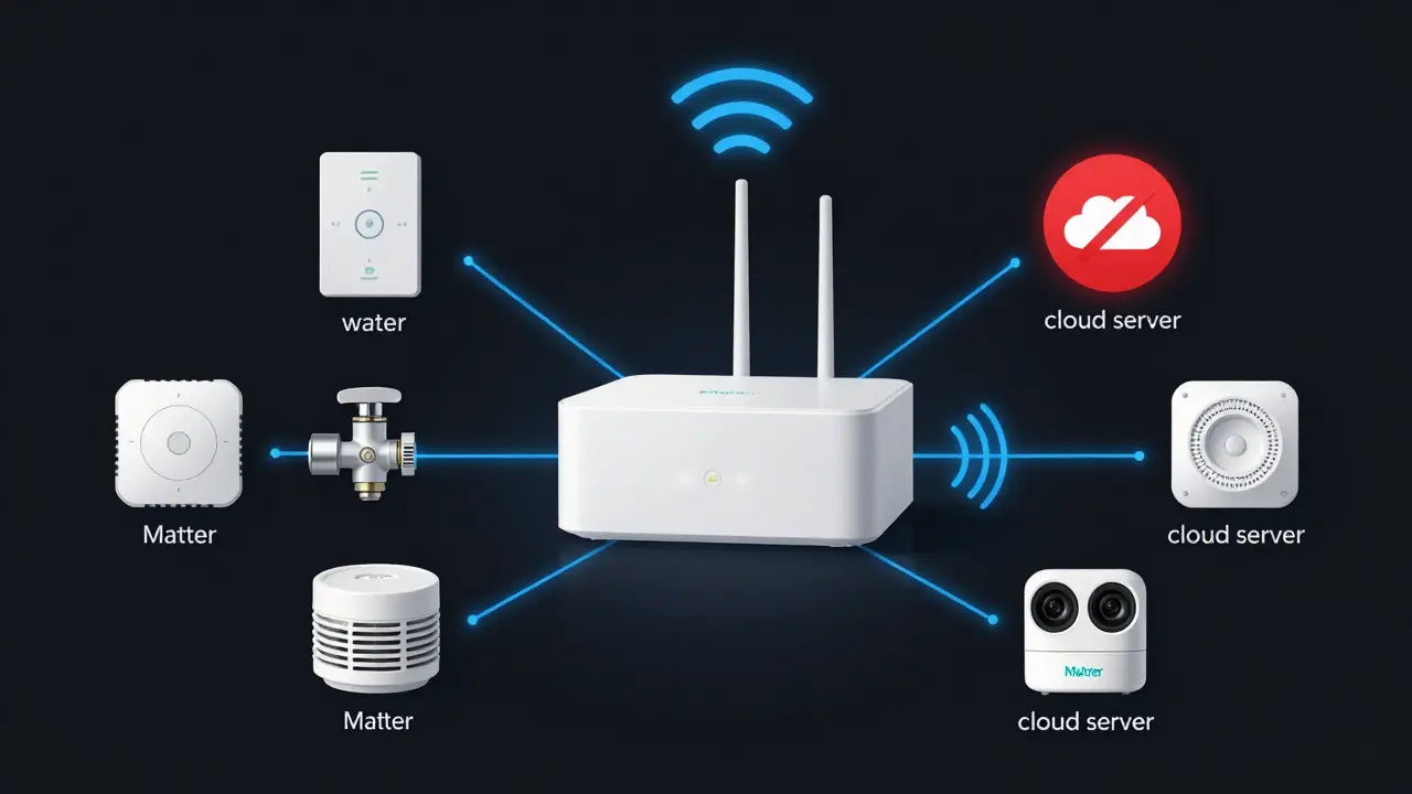 Zentrales Smart-Home-Hub-Gerät mit Matter-Logo verbindet Sicherheitssensoren lokal, ohne Cloud-Anbindung.