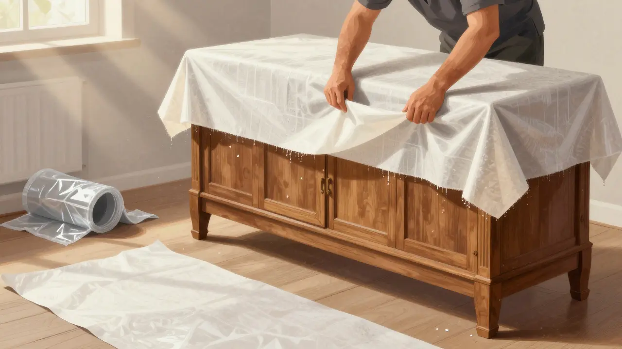 Atmungsaktive Abdeckplane über antiken Möbeln, während PVC-Plane mit Kondenswasser im Hintergrund liegt.