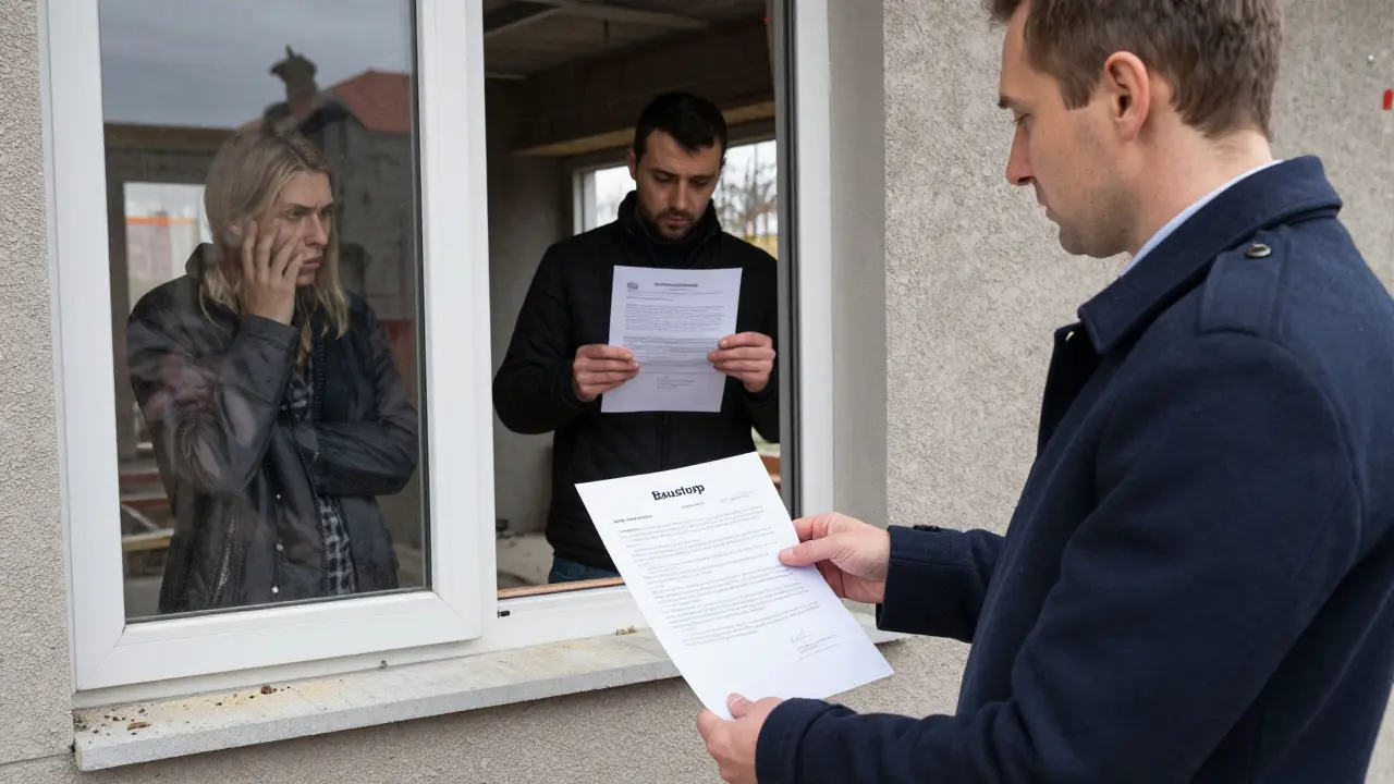 Bauamt-Mitarbeiter übergibt einem Bauherrn eine offizielle Baustopp-Anordnung vor einer Baustelle.