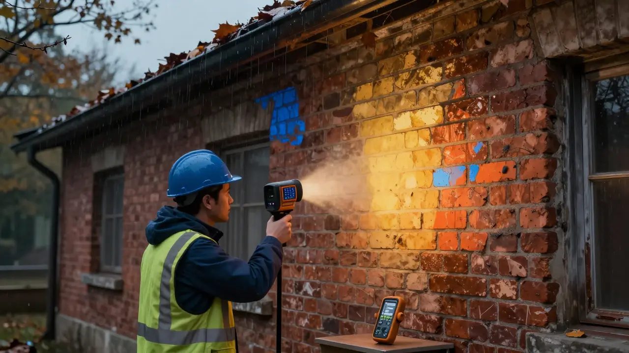 Bauexperte mit Wärmebildkamera untersucht alte Ziegelwand bei Dämmerung, verstopfte Dachrinne im Hintergrund.