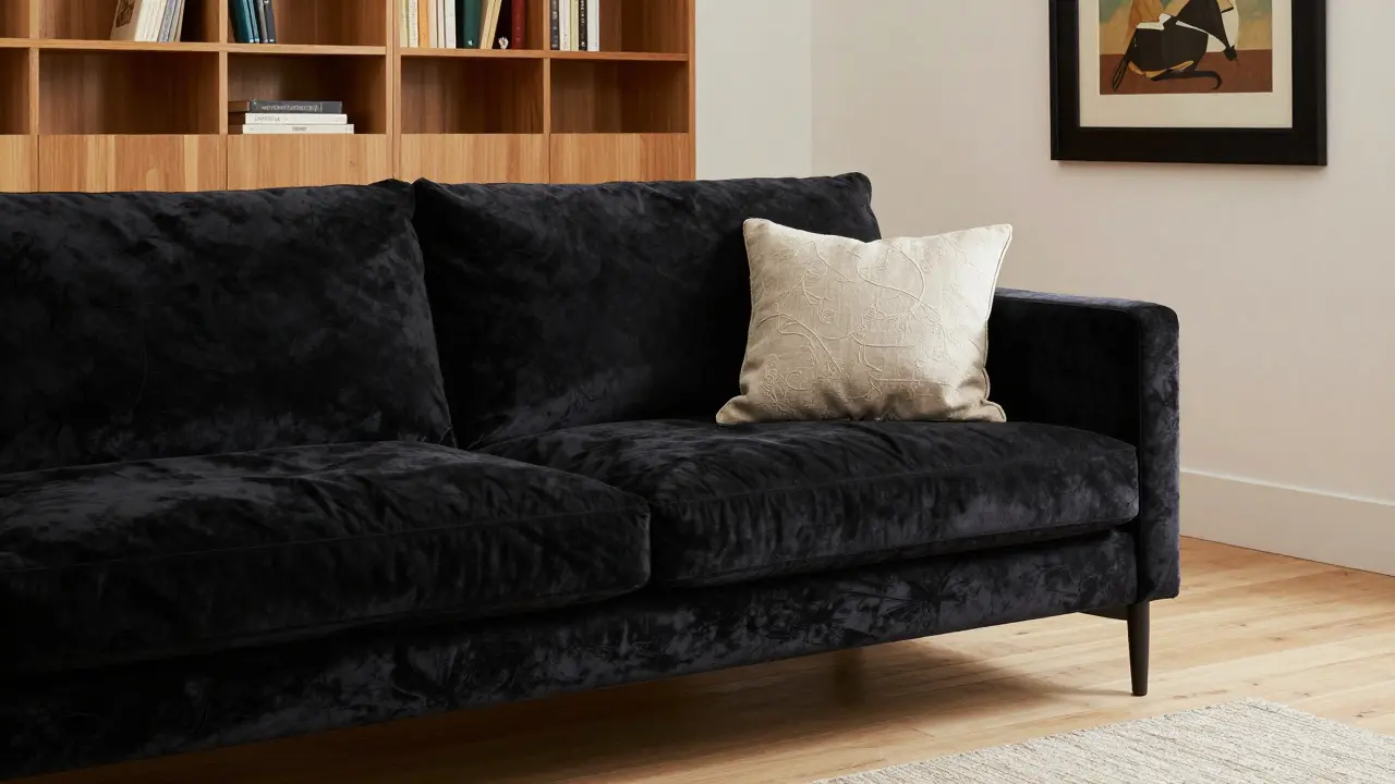 Detail eines schwarzen Samtsofas mit warmem Licht und beigefarbenen Kissen auf hellen Holzböden.